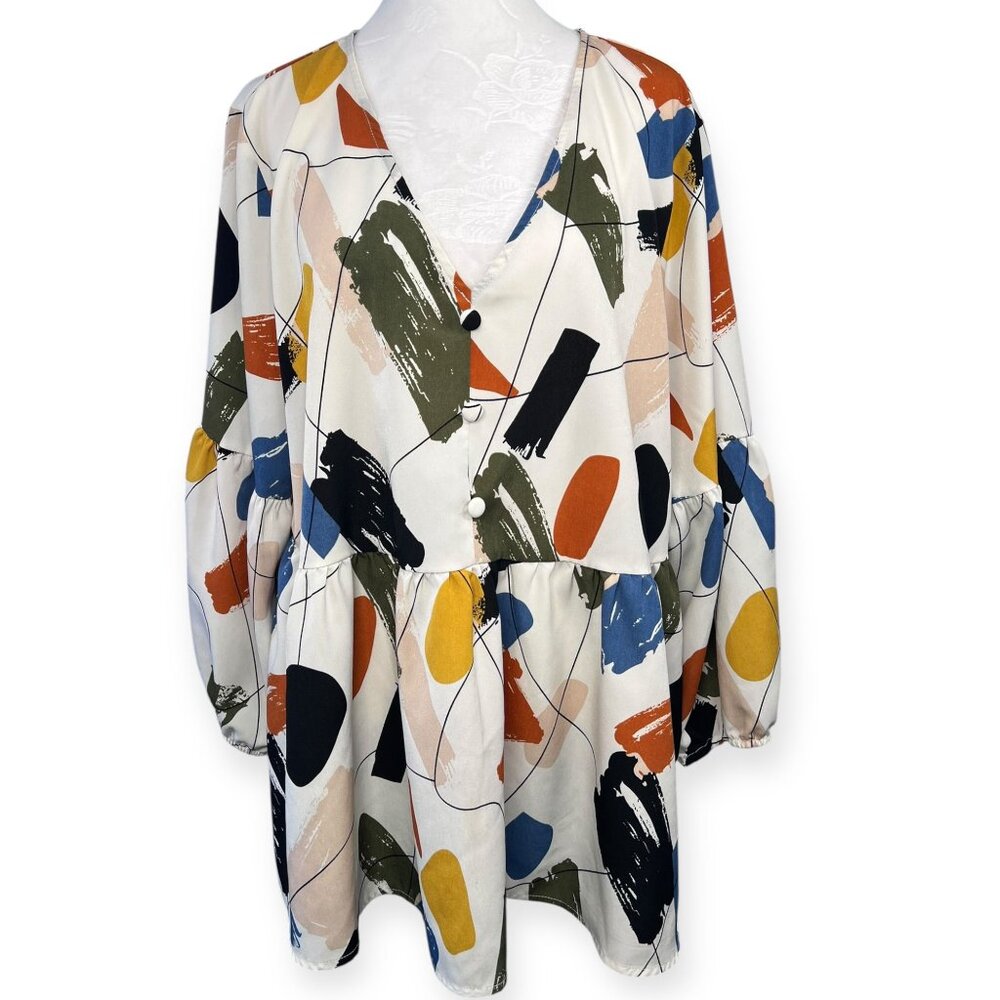 BloomChic Flowy Blouse V-Neck Long Sleeve Colorful Print XL